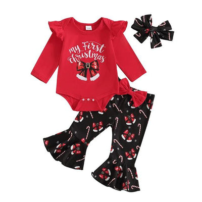 Baby Girls Christmas Outfit - Bow Print Romper, Flared Pants & Headband (3-Piece Set)