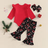 Baby Girls Christmas Outfit - Bow Print Romper, Flared Pants & Headband (3-Piece Set)