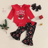 Baby Girls Christmas Outfit - Bow Print Romper, Flared Pants & Headband (3-Piece Set)