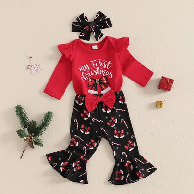 Baby Girls Christmas Outfit - Bow Print Romper, Flared Pants & Headband (3-Piece Set)