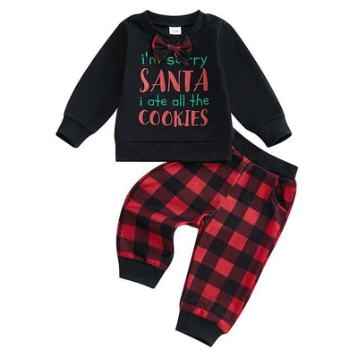 Christmas Clothes Outfits Bow Tie Long Sleeve Letter Print Sweatshirts Plaid Pants 2Pieces Sets