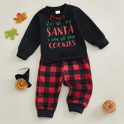 Christmas Clothes Outfits Bow Tie Long Sleeve Letter Print Sweatshirts Plaid Pants 2Pieces Sets