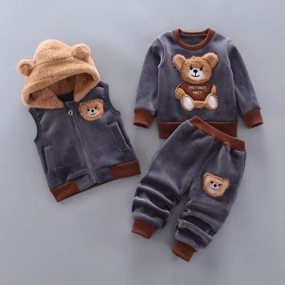 2023 Winter Baby Clothes Set - Hooded Cartoon Bear 3-Piece Outfit for Boys & Girls (0-5Y)