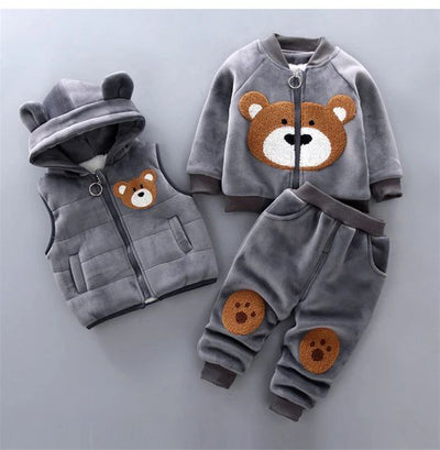 2023 Winter Baby Clothes Set - Hooded Cartoon Bear 3-Piece Outfit for Boys & Girls (0-5Y)