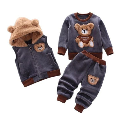 2023 Winter Baby Clothes Set - Hooded Cartoon Bear 3-Piece Outfit for Boys & Girls (0-5Y)